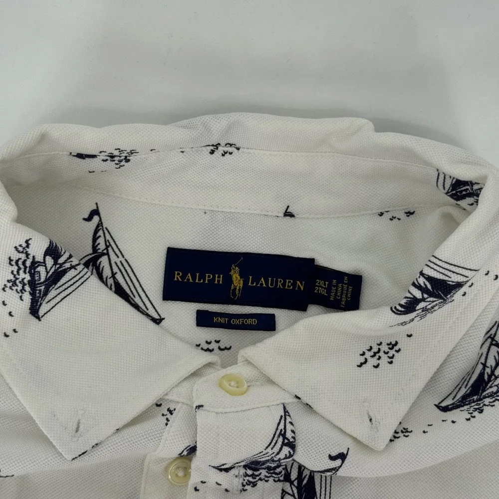 Polo Ralph Lauren Sailboat Nautical Knit Oxford Shirt Mens 2XLT White Navy Blue